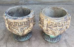 lot 1139 image: Pair of Concrete Urns  Grape Design  9 in. diameter and 10 in. tall
