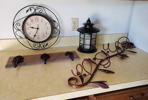 lot 177 image: Home Decor  Lantern, Wine Bottle Holder, Clock and Wall Hook Hanger