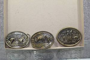 lot 3007 image: Lot of 3 Vintage Hesston Rodeo Belt Buckles Years 1980,1981, & 1982 - WILL SHIP