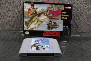 lot 3114 image: Lot of 2 Vintage Video Games Super Black Bass (SNES, Original Box and Manual NIP) & 1080 Snowboarding (Nintendo 64, Game only) - WILL SHIP