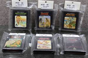 lot 3117 image: Lot of 6 Vintage Atari Games Adventure, Home Run, Dodge Em, Pel�s Soccer, Circus Atari, & Defender - WILL SHIP