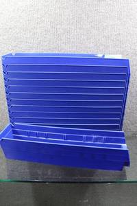 lot 3126 image: Lot of 12 Blue Storage Parts Organizer Easily Stackable 17.5x4x4 - WILL SHIP