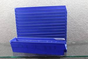 lot 3127 image: Lot of 12 Blue Storage Parts Organizer Easily Stackable 17.5x4x4 - WILL SHIP