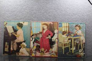 lot 3134 image: Lot of 3 Vintage Whitman Frame-Tray Puzzles Girl Playing Piano, Girl Playing with Dolls, Girl Tea Time - WILL SHIP