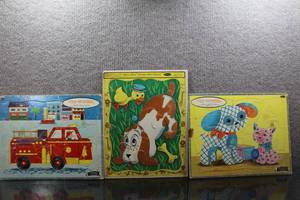 lot 3133 image: Lot of 3 Vintage Whitman Frame-Tray Puzzles Dog & Toy Duck, Stuffed Pets, & Fire Truck - WILL SHIP