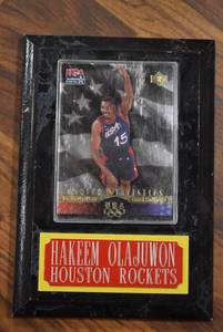 lot 3072 image: Hakeem Olajuwon Upper Deck 1996 USA Olympics Basketball Card in Houston Rockets Wall Plaque - WILL SHIP