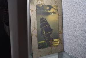 lot 3172 image: Glass Gold-Tone Mirror Ship Art Piece 18 x 12 -WILL SHIP