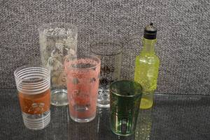 lot 3173 image: Set of 6 Assorted Glasses with patterns and Vaseline Glass Sugar Shaker  - WILL SHIP