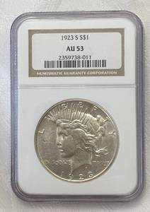 lot 2000 image: Liberty head peace dollar 1923 graded NGC AU53 sealed in case