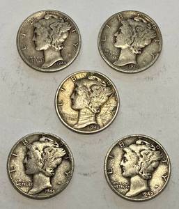 lot 6088 image: Lot of 5 - SILVER - VERY COLLECTIBLE Mercury Dimes - .50 cents