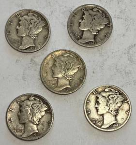 lot 6090 image: Lot of 5 - SILVER - VERY COLLECTIBLE Mercury Dimes - .50 cents