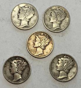 lot 6093 image: Lot of 5 - SILVER - VERY COLLECTIBLE Mercury Dimes - .50 cents