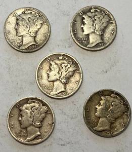 lot 6094 image: Lot of 5 - SILVER - VERY COLLECTIBLE Mercury Dimes - .50 cents