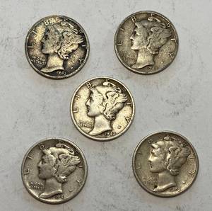 lot 6095 image: Lot of 5 - SILVER - VERY COLLECTIBLE Mercury Dimes - .50 cents