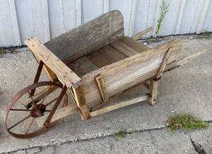 lot 4095 image: Vintage Wooden Wheel Barrow - Metal Wheel and Unique Weathered Wood - COOL Garden Decor