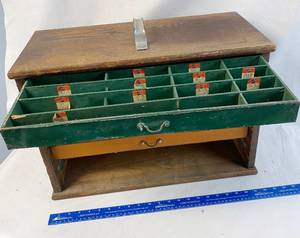 lot 4096 image: Vintage Hardware Findings Portable Cabinet - Springs, Compression, Colorful Wooden Drawers w Dividers