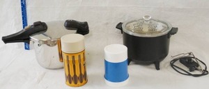lot 2985 image: NICE Pressure Cooker, Electric Fryer and 2 Vintage Thermos Bottles