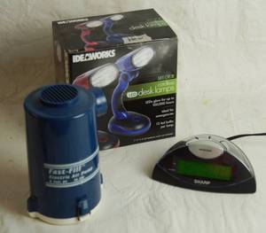lot 2992 image: Clock, 2 Desk Lamps in box, and Electric Air Pump