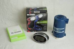 lot 2993 image: Clock, 2 Desk Lamps in box, and Electric Air Pump & Phone Screen Shield