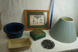 lot 2958 image: Pampered Chef Stoneware Bread Pan, Collectible Iron Trivet and More Housewares