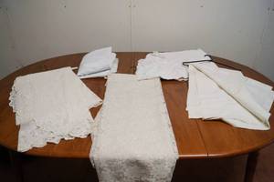 lot 5105 image: Lot of Beautiful White Lace Table Coverings - Large, pretty and clean