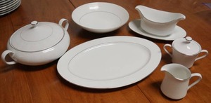 lot 5107 image: Fine China - Crown Empire Serving-Ware PRINCESS - Gorgeous Large Serving Plate, Covered Serving Bowl, Gravy Boat, Creamer, Sugar and more See pics