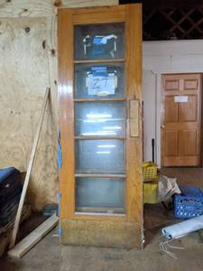 lot 4362 image: Antique Five Panel Glass Wooden Doors, Some Have Kick Panels Some Do Not