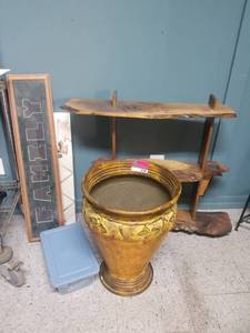 lot 4398 image: Metal Planter, Wood Shelf, Picture Frames