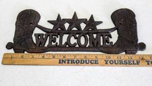 lot 572 image: Rustic Western Cast Iron Welcome Sign  Cowboy Boots & Stars