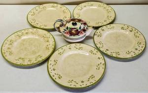 lot 577 image: 5 Dinner Plates  Elba Verde by PIER 1 & Revelations Hand Painted Teapot  Circa 1930s
