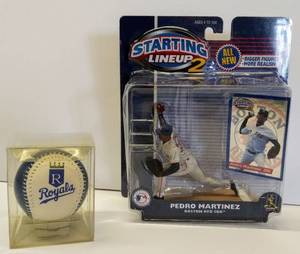 lot 583 image: NIB Pedro Martinez, Boston Red Sox 2001 Starting Lineup 2 Action Figure & Exclusive Trading Card & KC Royals Baseball