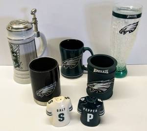 lot 588 image: Philadelphia Eagles Lot  Stein, Koozies, Salt & Pepper Shakers & More