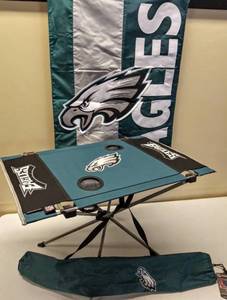 lot 591 image: Philadelphia Eagles Endzone Tailgate Table (NEW) & Philadelphia Eagles Double-Sided Embellished Applique Flag