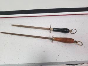 lot 1404 image: 2 Vintage sharpening steel horning rods