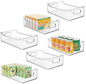 lot 1179 image: mDesign Wide Stackable Plastic Kitchen Pantry Cabinet, Refrigerator or Freezer Food Storage Bin Box Basket Tray with Handles - Organizer for Fruit, Yogurt, Snacks, Pasta - 14.5 Long - 6 Pack - Clear