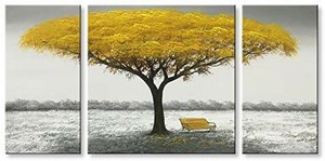 lot 1256 image: Winpeak Hand Painted Yellow Tree Large Modern Oil Painting Landscape Canvas Wall Art Abstract Picture Huge Contemporary Artwork Framed Ready to Hang