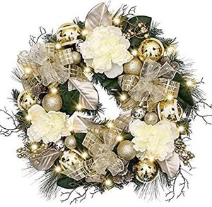 lot 1279 image: Valery Madelyn Pre-Lit 24 Inch Elegant Champagne Gold Christmas Wreath