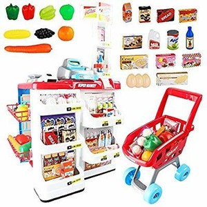 lot 1370 image: DQQ 32 Piece Cash Supermarket Playset with Working Scanner Register Shopping Cart Play Money Pretend Play Set Toys Accessories for Kids