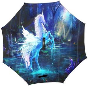 lot 5212 image: Inverted Umbrella Magic Unicorns Blue Double Layer Reverse Umbrella for Car and Outdoor Use by, Windproof UV Protection Big Straight Umbrella with C-Shaped Handle