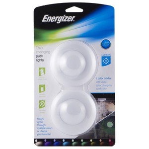 lot 2396 image: Energizer 2pk 20 Lumens Indoor LED Color Changing Puck Light with Tap OnOff White