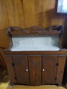 lot 3323 image: Wooden Buffet with Top Shelf. Lower Storage and Tile Top CONTENTS NOT INCLUDED