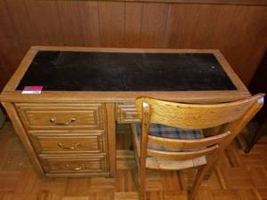 lot 3394 image: Vintage Desk with Black Top. and Chair. Gilded Handles