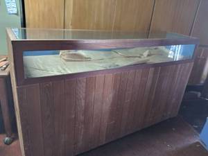 lot 3403 image: Wood and Glass Display Cabinet with Under Storage on Wheels