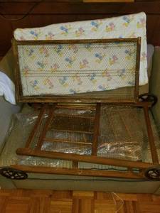 lot 3410 image: Vintage Baby Crib with Wheels. Unassembled