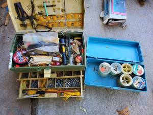 lot 6213 image: Tackle Box Full of WeightsHooks Fishing Line and Misc Fishing Supplies