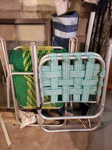 lot 6272 image: Lot of 3 Lawn Chairs ( one folding ozark navy blue one baby blue and one green wooven)