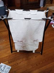 lot 7556 image: White Hamper with Wooden Stand