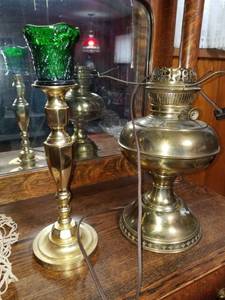 lot 7572 image: Lot of 2. 1 Brass Lamp and 1 Candle Holder