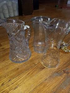 lot 7583 image: Lot of Diamond Cut Crystal Glass Tea Pitchers (2) and One Clear Glass Vase