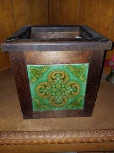 lot 7591 image: Wooden Trash Box. with Green Tile Squares